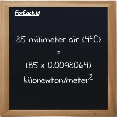 Cara konversi milimeter air (4<sup>o</sup>C) ke kilonewton/meter<sup>2</sup> (mmH2O ke kN/m<sup>2</sup>): 85 milimeter air (4<sup>o</sup>C) (mmH2O) setara dengan 85 dikalikan dengan 0.0098064 kilonewton/meter<sup>2</sup> (kN/m<sup>2</sup>)